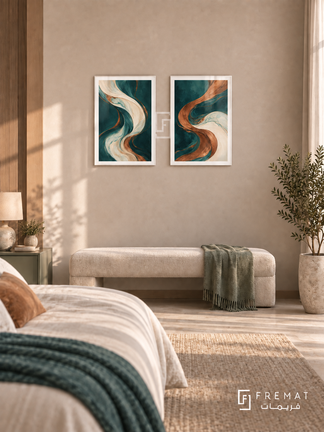 Fluid Copper — set of two abstract artworks in White frames.