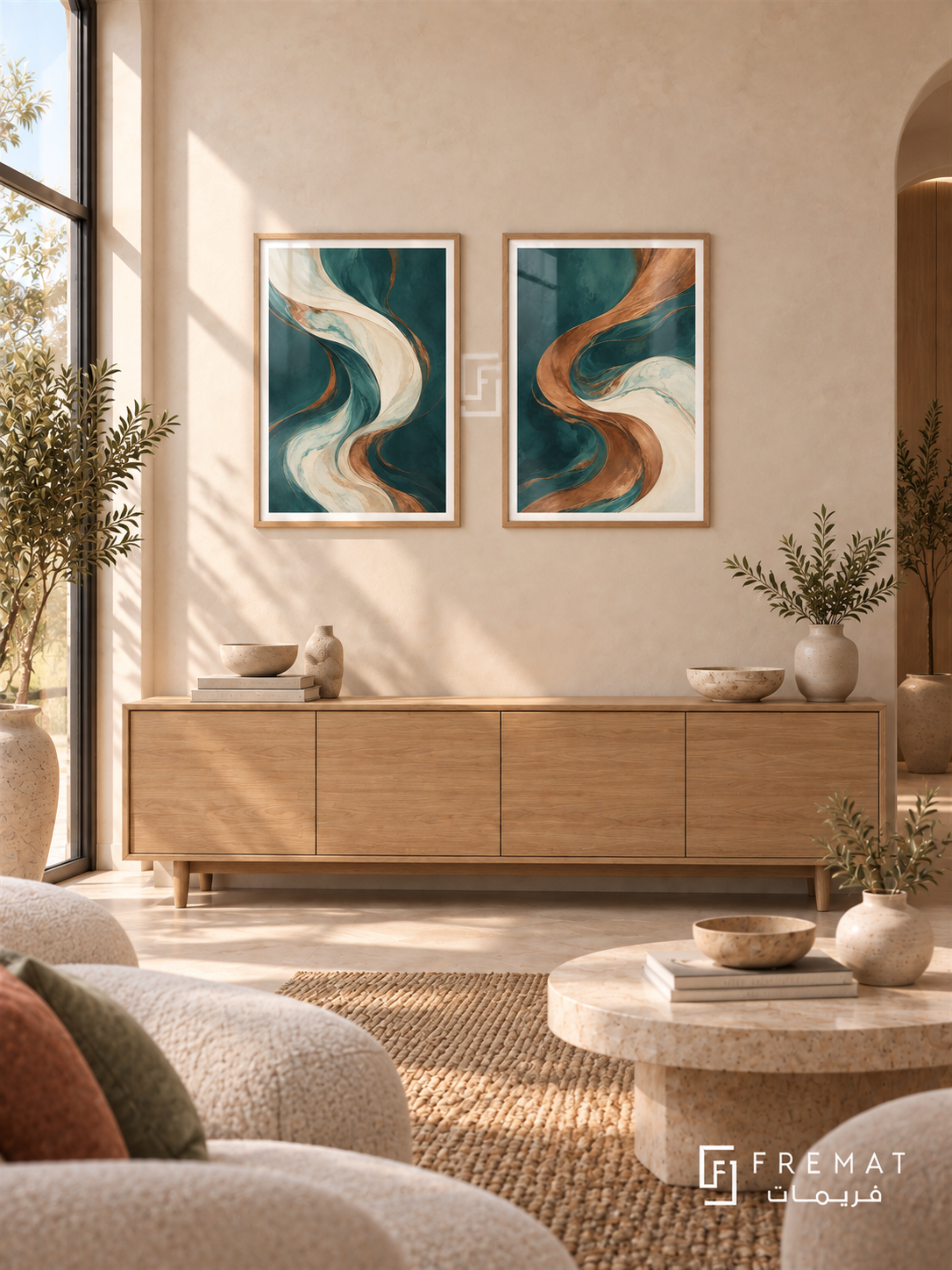 Fluid Copper — set of two abstract artworks in Wooden Texture frames.
