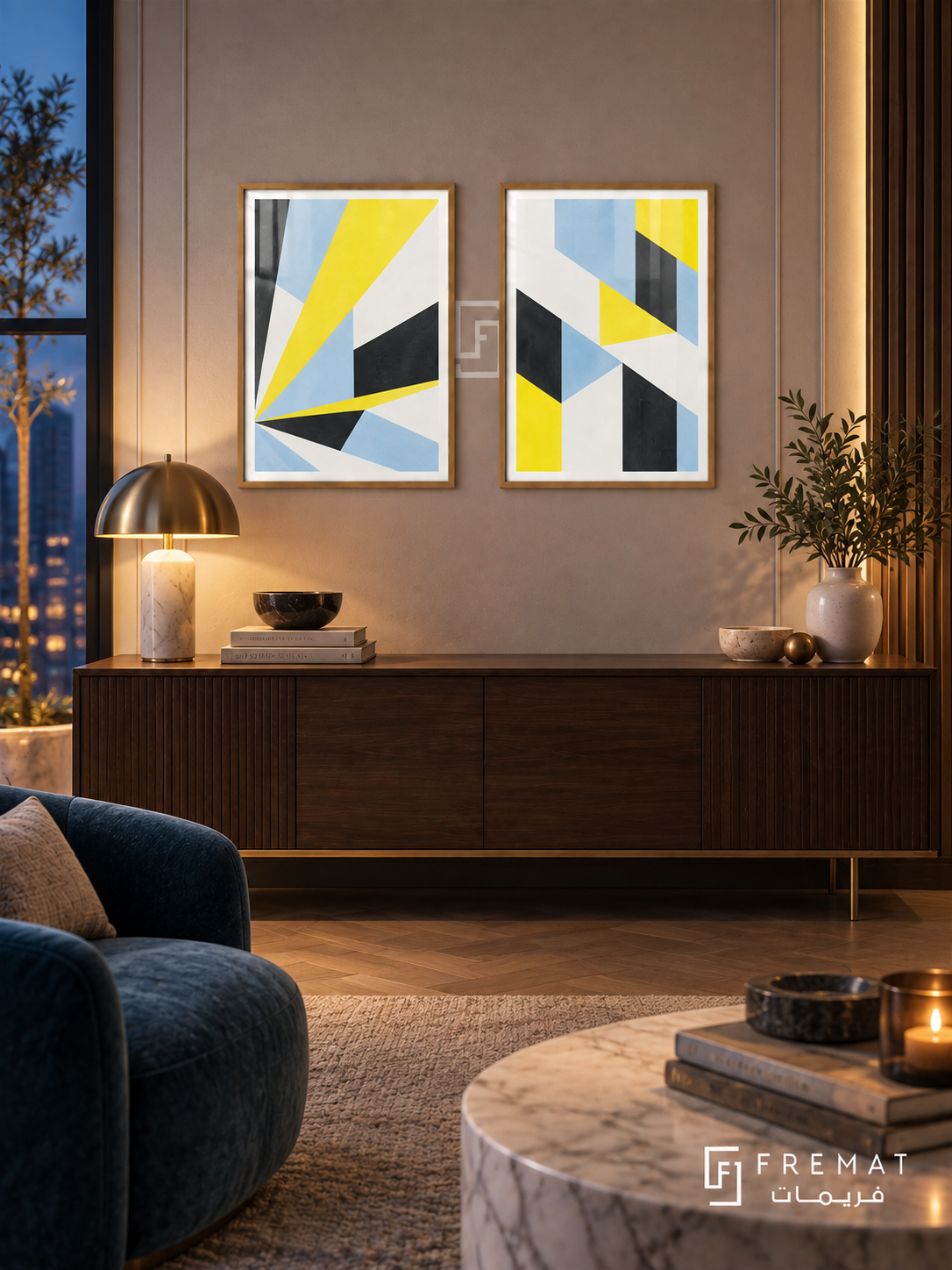 Fragmented Light — set of two abstract artworks in Gold frames.