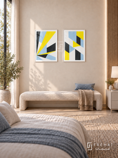 Fragmented Light — set of two abstract artworks in White frames.