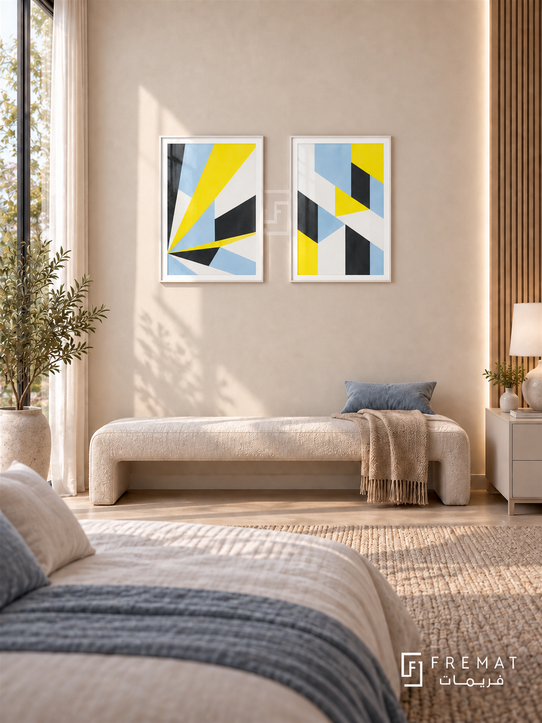 Fragmented Light — set of two abstract artworks in White frames.
