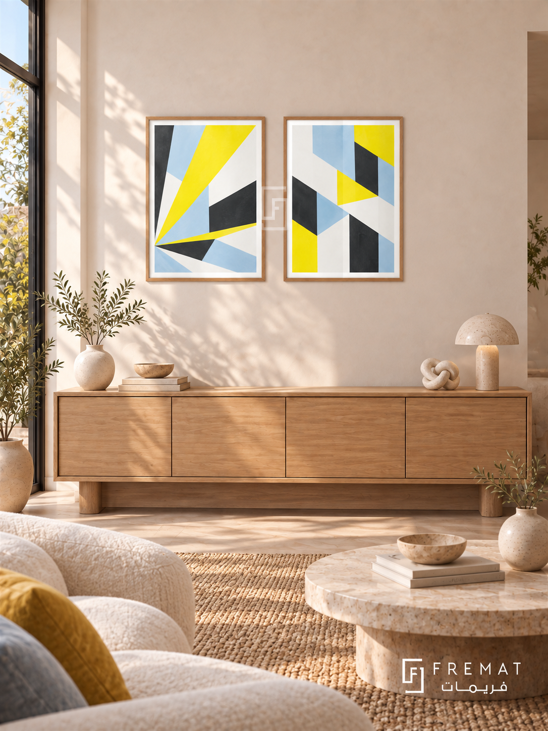 Fragmented Light — set of two abstract artworks in Wooden Texture frames.