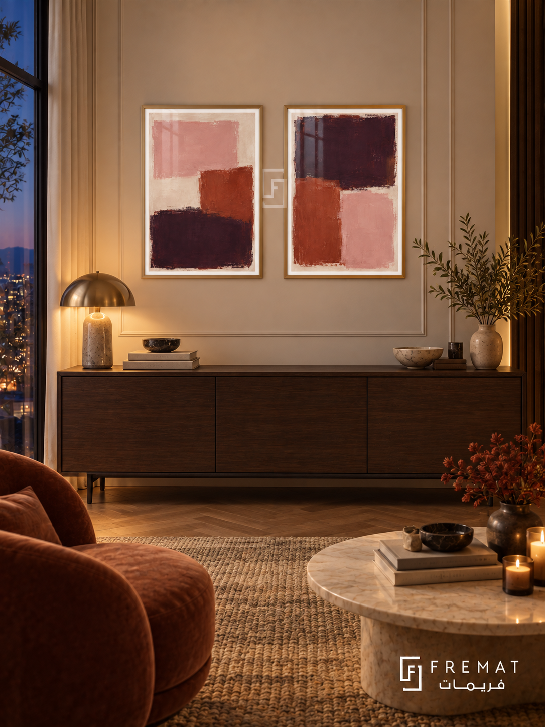 Velvet Fields — set of two abstract artworks in Gold frames.