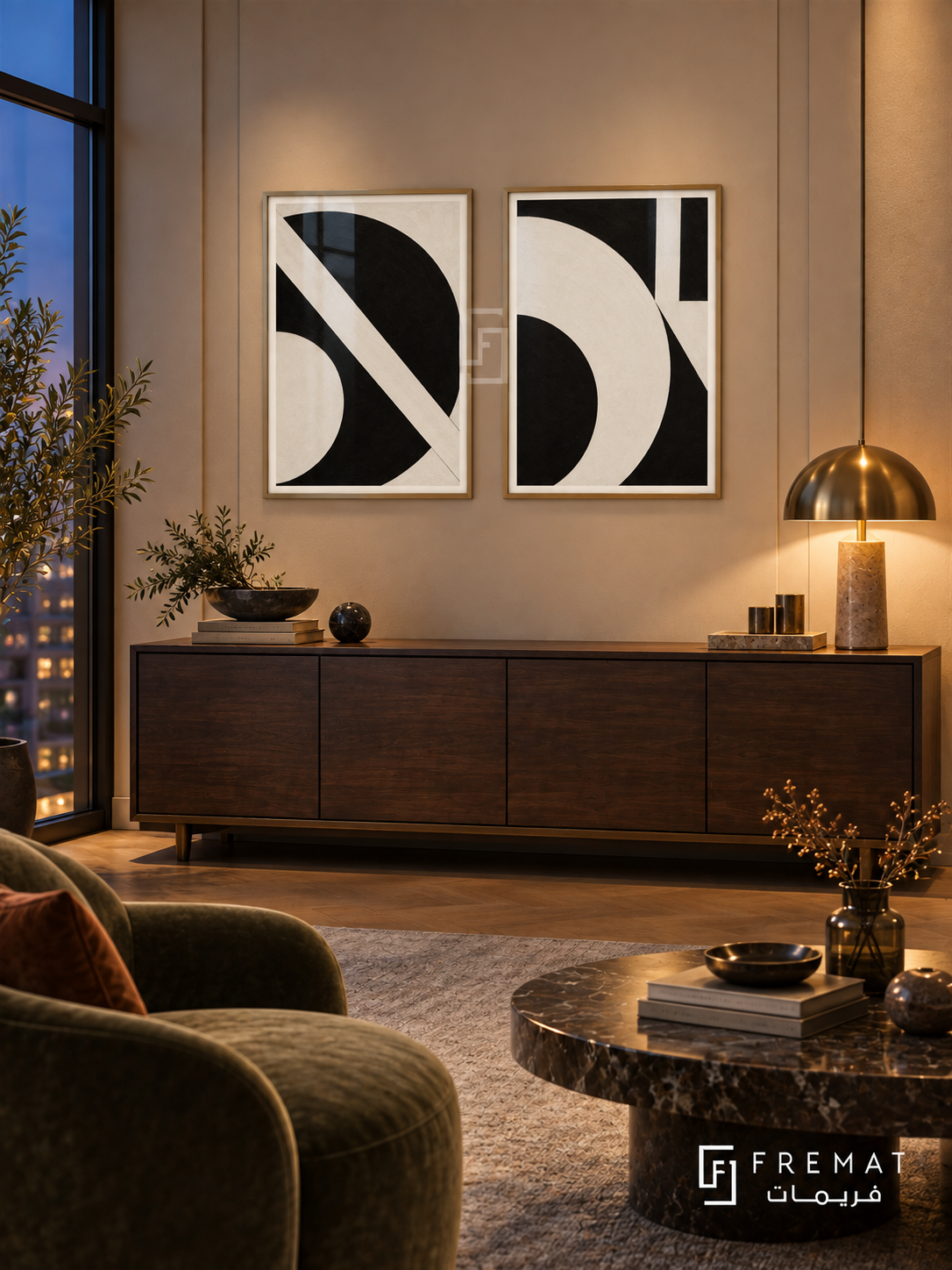 Monochrome Motion — set of two abstract artworks in Gold frames.