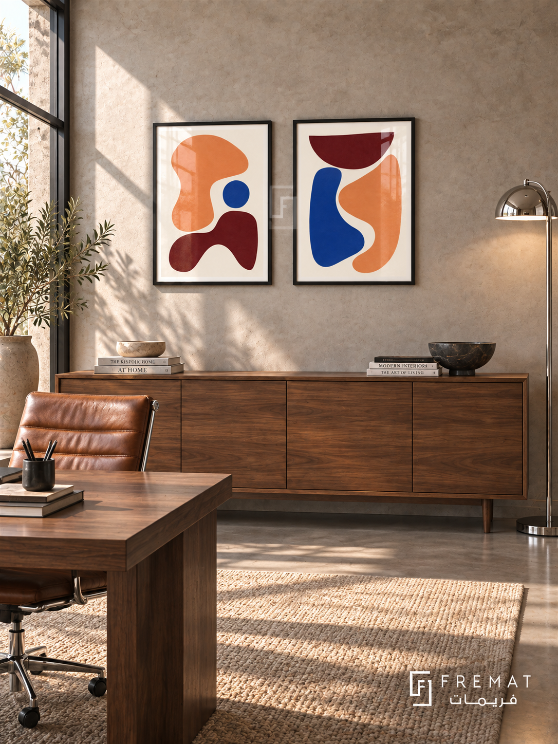 Apricot Assembly — set of two abstract artworks in Black frames.