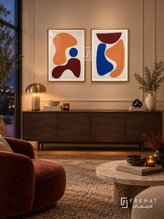 Apricot Assembly — set of two abstract artworks in Gold frames.