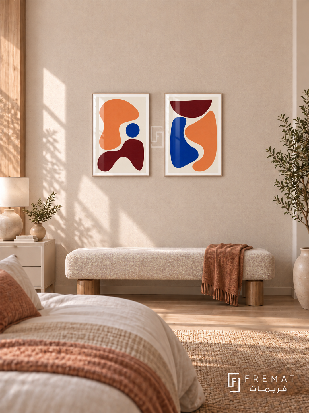 Apricot Assembly — set of two abstract artworks in White frames.