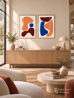 Apricot Assembly — set of two abstract artworks in Wooden Texture frames.