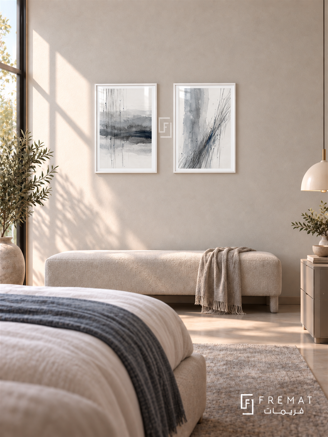 Silver Rain — set of two abstract artworks in White frames.