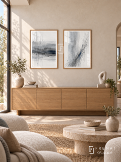 Silver Rain — set of two abstract artworks in Wooden Texture frames.