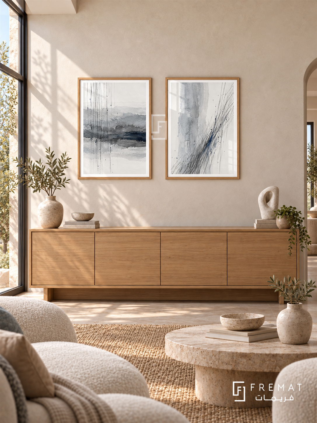 Silver Rain — set of two abstract artworks in Wooden Texture frames.