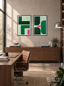 Green Tension — set of two abstract artworks in Black frames.