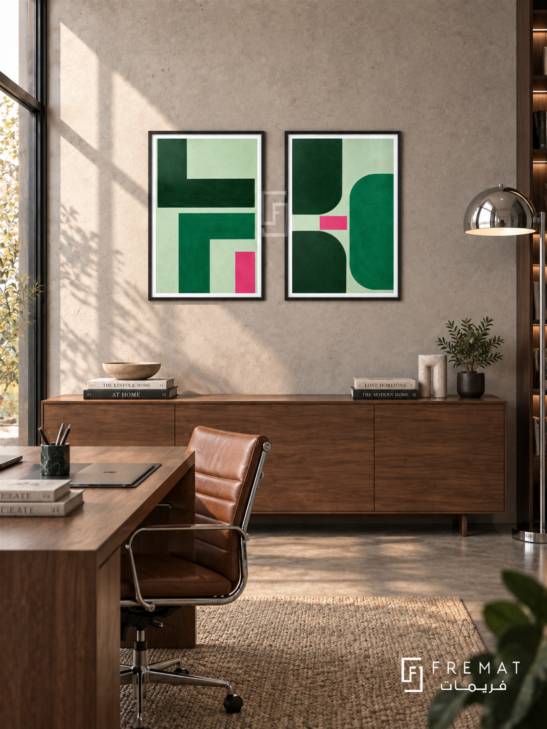 Green Tension — set of two abstract artworks in Black frames.
