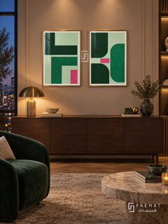Green Tension — set of two abstract artworks in Gold frames.