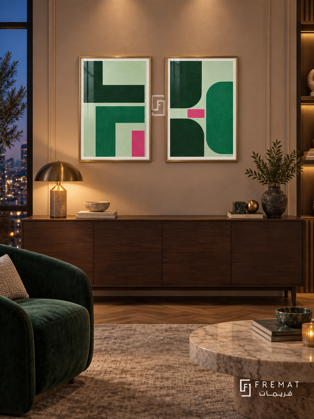 Green Tension — set of two abstract artworks in Gold frames.