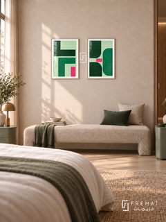 Green Tension — set of two abstract artworks in White frames.