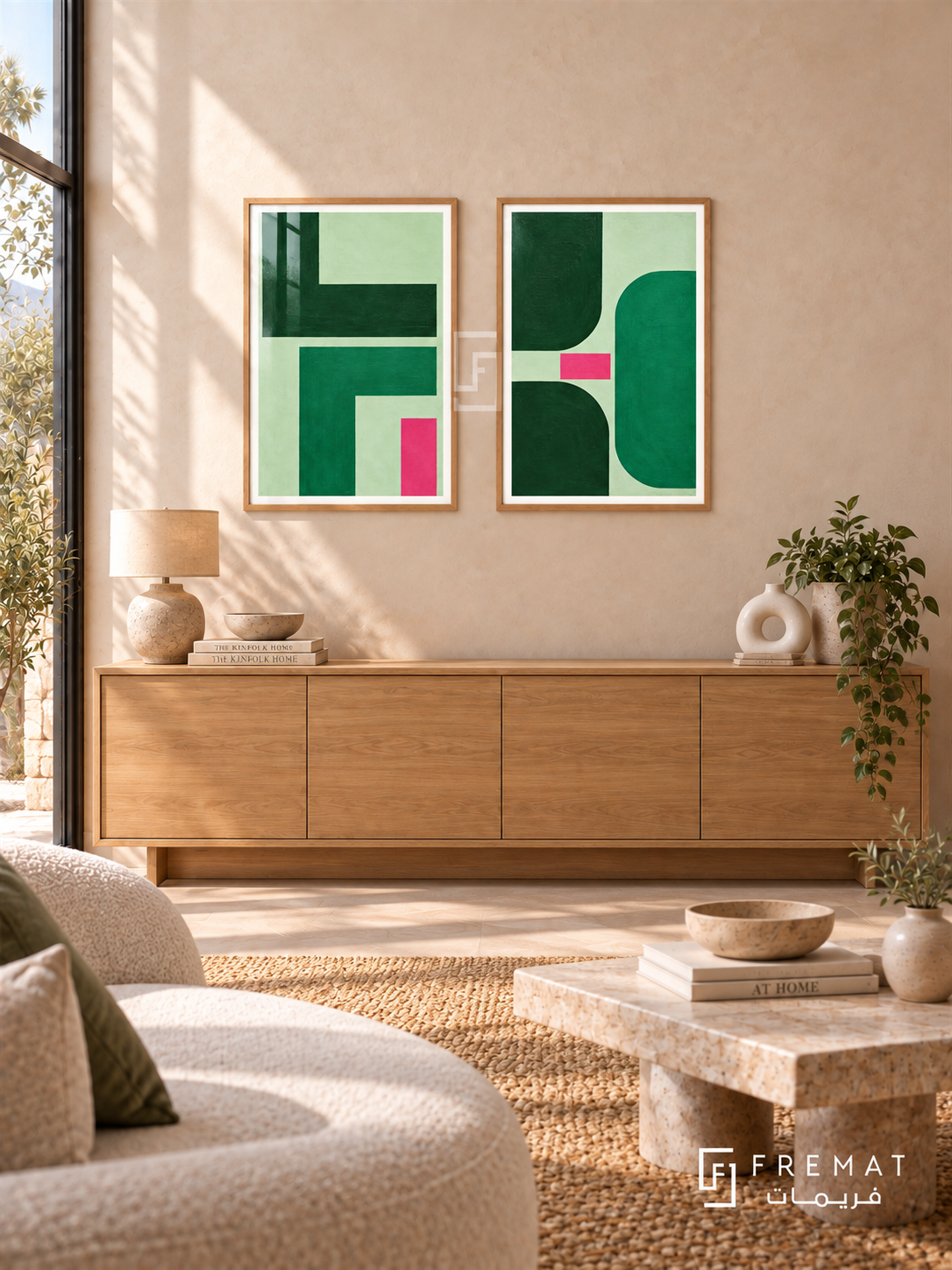Green Tension — set of two abstract artworks in Wooden Texture frames.