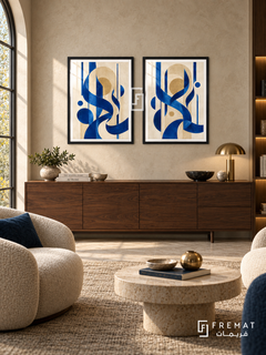 Cobalt Arches pair of abstract Arabic-inspired artworks in black frames, blue curves and warm cream arches in a styled interior.