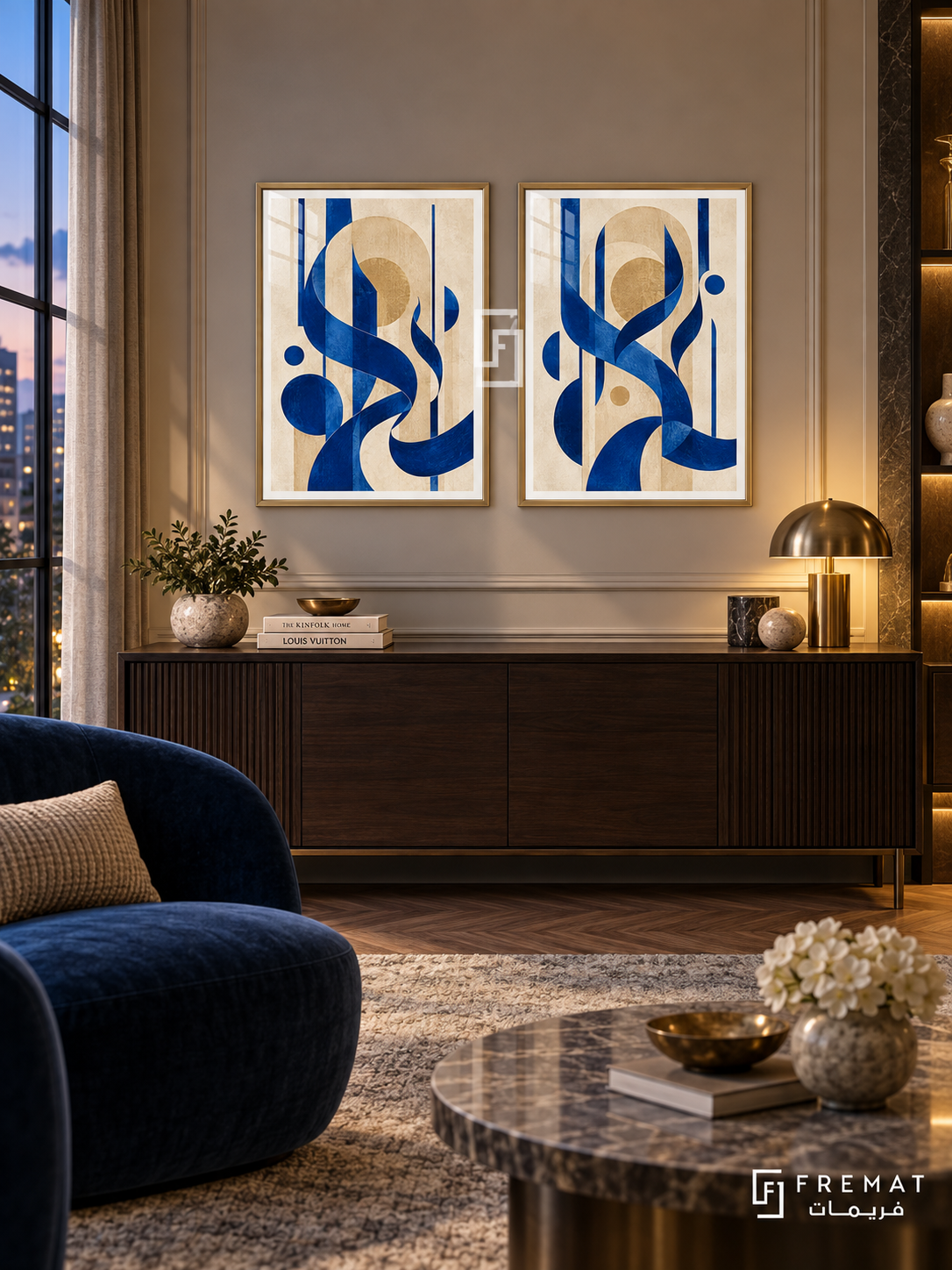 Cobalt Arches set of two Arabic-inspired abstract artworks in Gold frames, with cobalt blue curves, cream arches and muted gold circles.