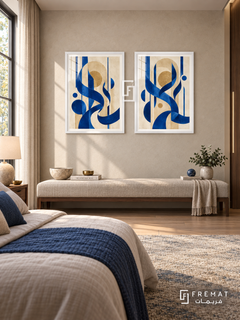 Cobalt Arches set of two Arabic-inspired abstract artworks in White frames, with cobalt blue curves, cream arches and muted gold circles.