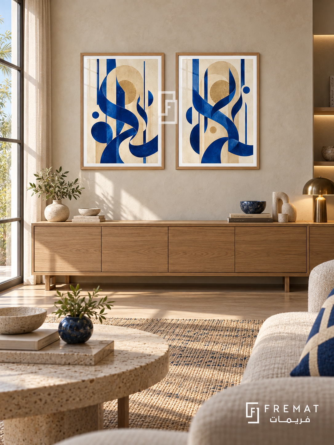 Cobalt Arches set of two Arabic-inspired abstract artworks in Wooden Texture frames, with cobalt blue curves, cream arches and muted gold circles.