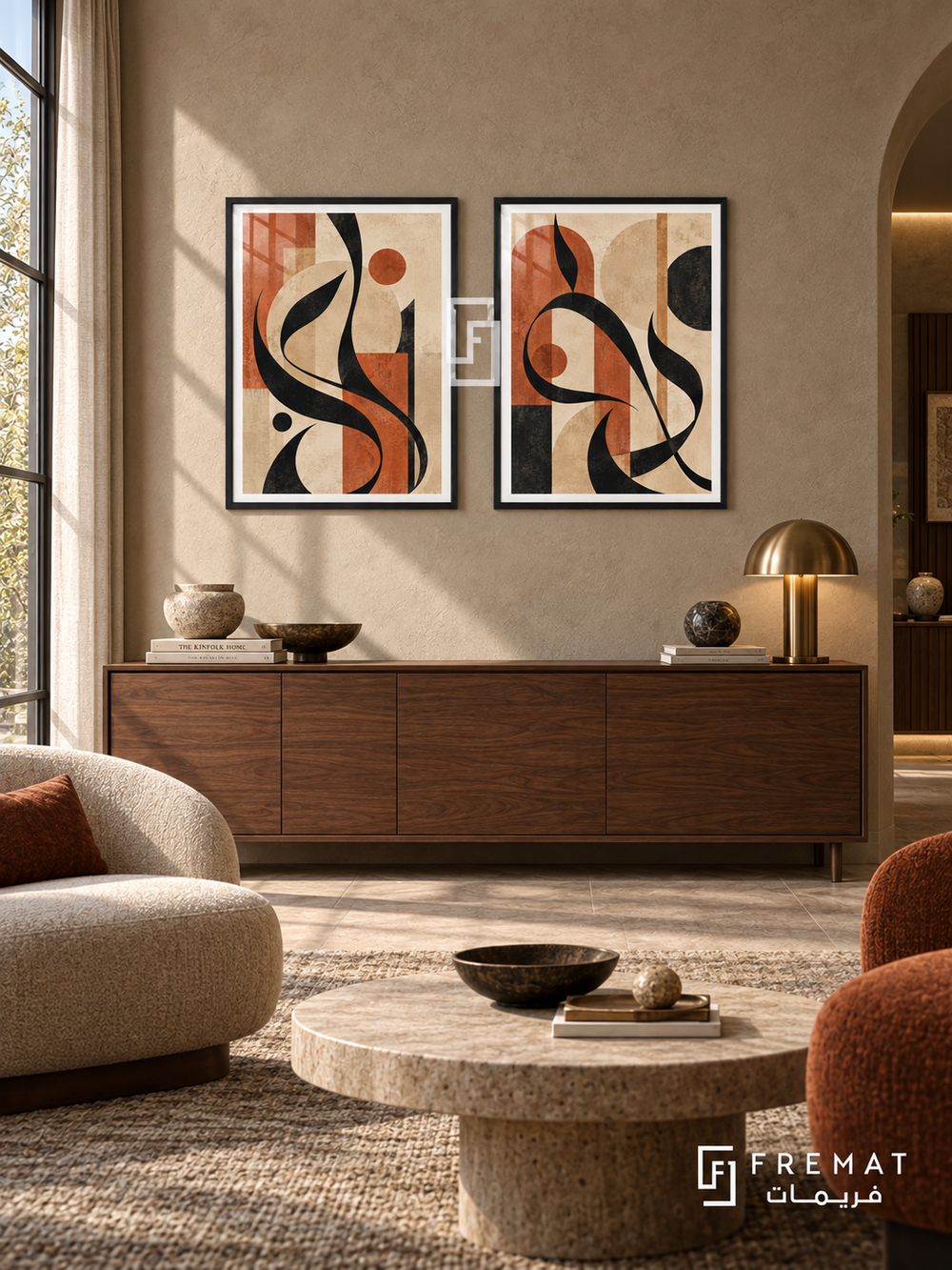 Terracotta Layers — set of two Arabic-inspired artworks in black frames.