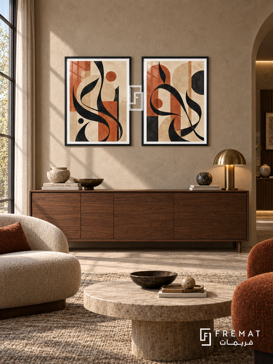 Terracotta Layers — set of two Arabic-inspired artworks in black frames.