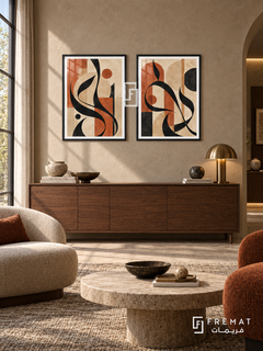 Terracotta Layers — set of two Arabic-inspired artworks in black frames.