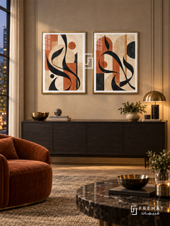 Terracotta Layers — set of two Arabic-inspired abstract artworks in Gold frames.