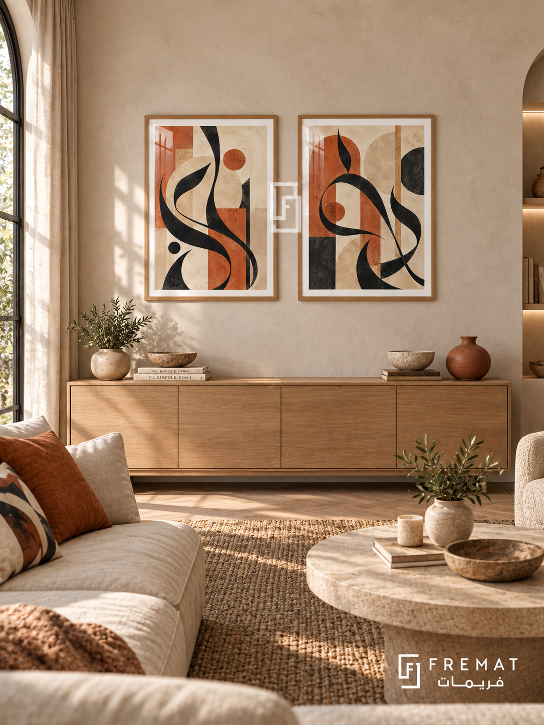 Terracotta Layers — set of two Arabic-inspired abstract artworks in Wooden Texture frames.
