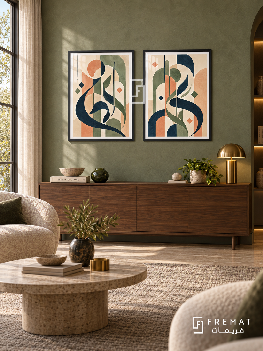 Soft Geometry — set of two Arabic-inspired abstract artworks in Black frames.