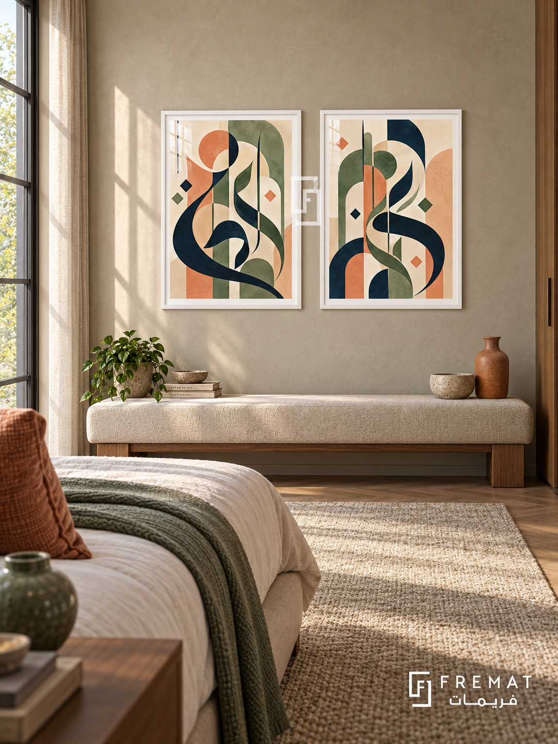 Soft Geometry — set of two Arabic-inspired abstract artworks in White frames.