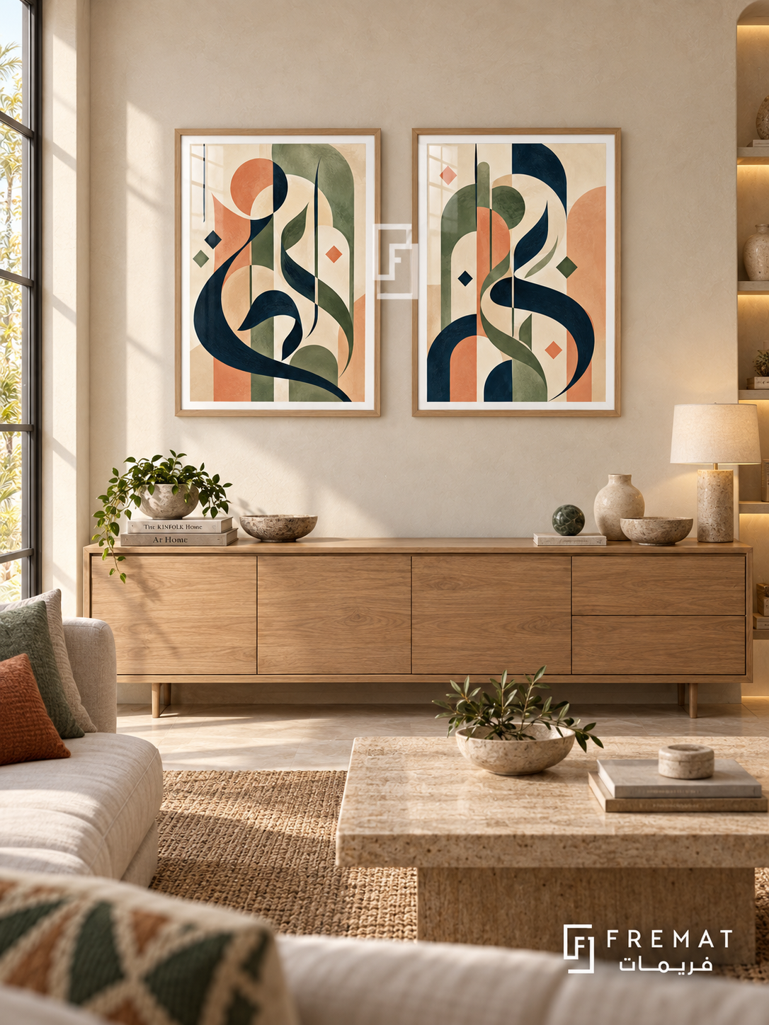 Soft Geometry — set of two Arabic-inspired abstract artworks in Wooden Texture frames.