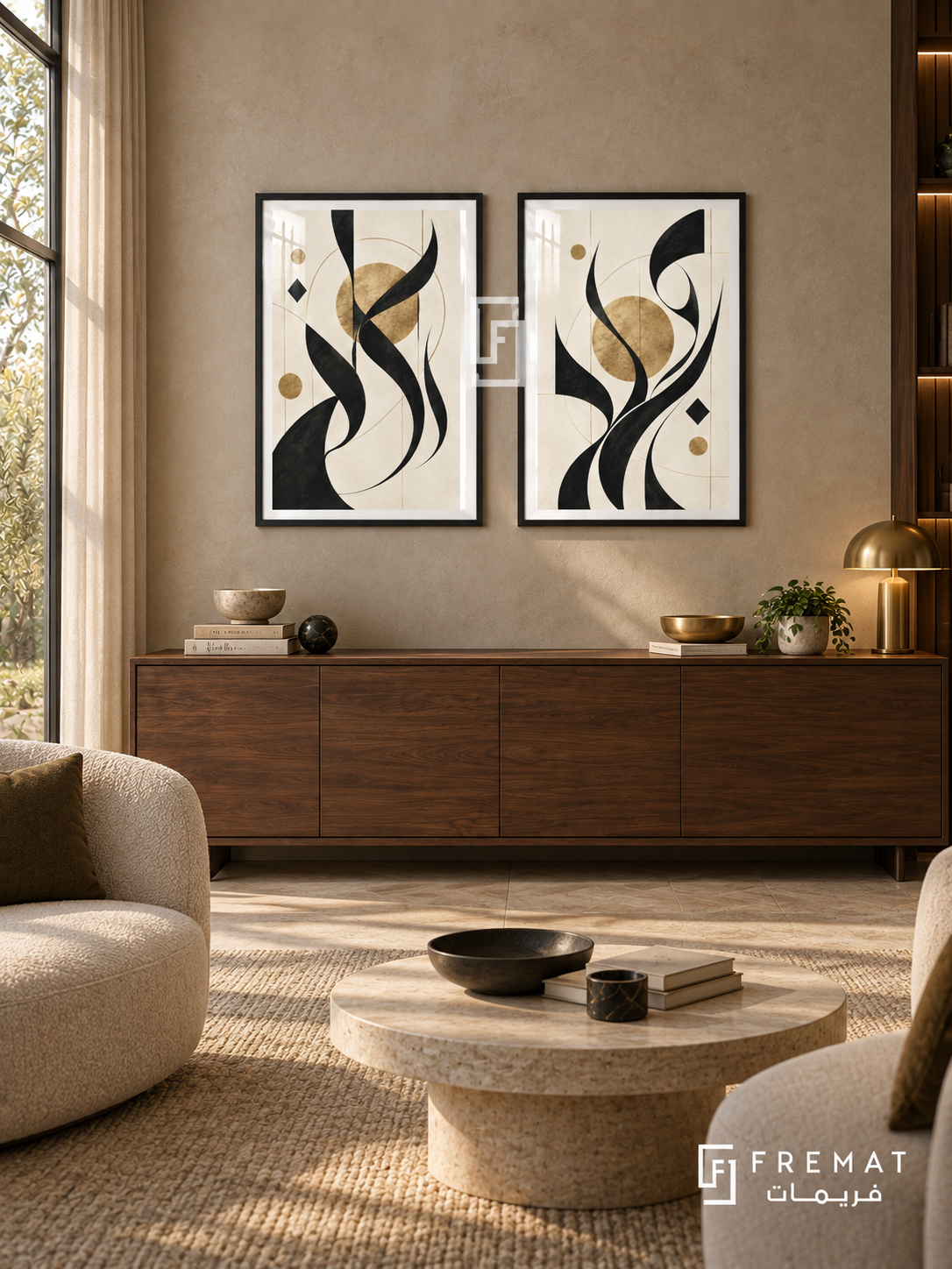 Black Gold Rhythm — set of two Arabic-inspired abstract artworks in Black frames.