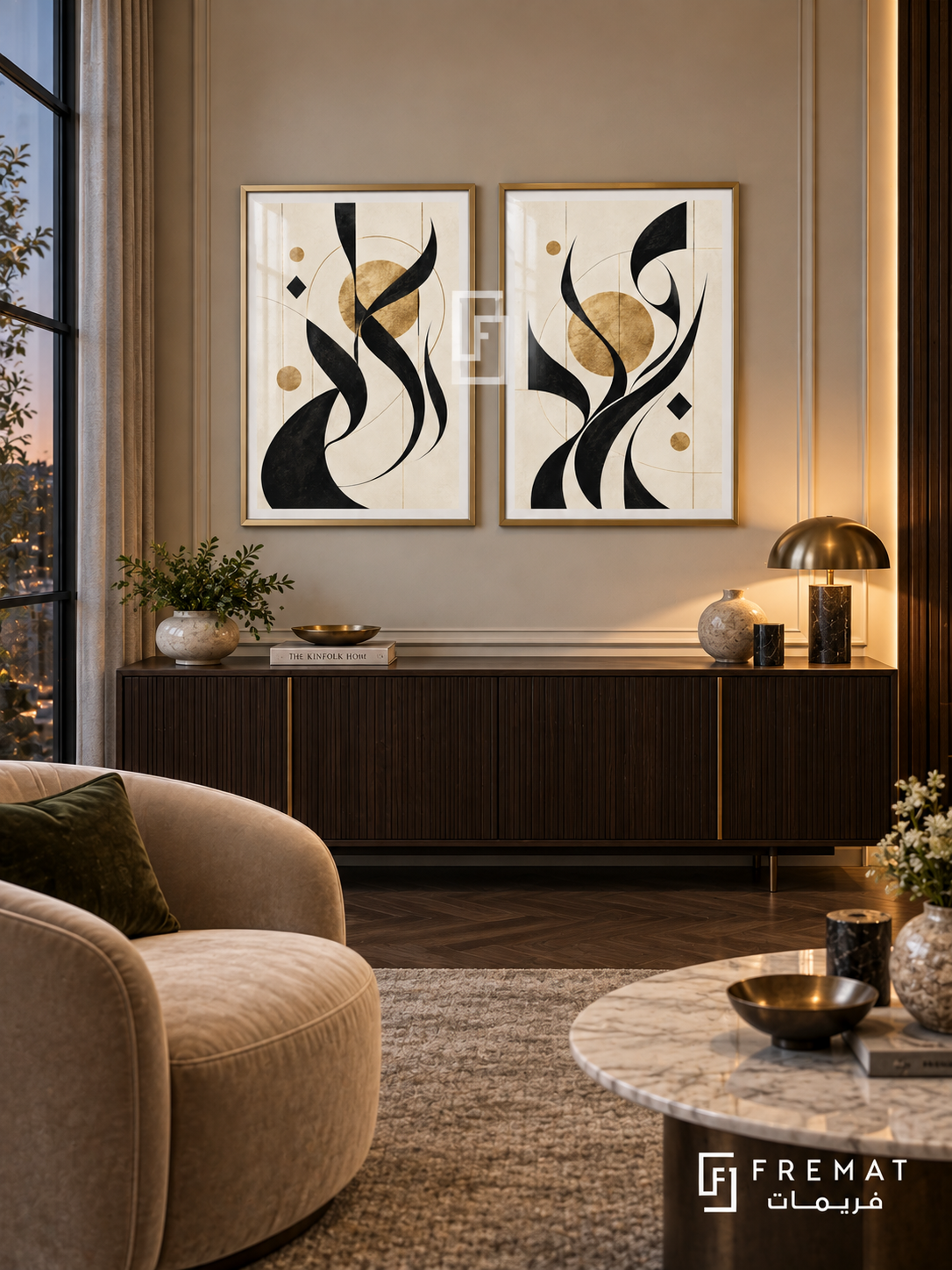 Black Gold Rhythm — set of two Arabic-inspired abstract artworks in Gold frames.