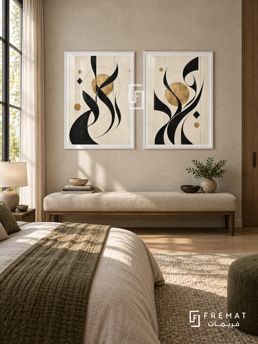 Black Gold Rhythm — set of two Arabic-inspired abstract artworks in White frames.