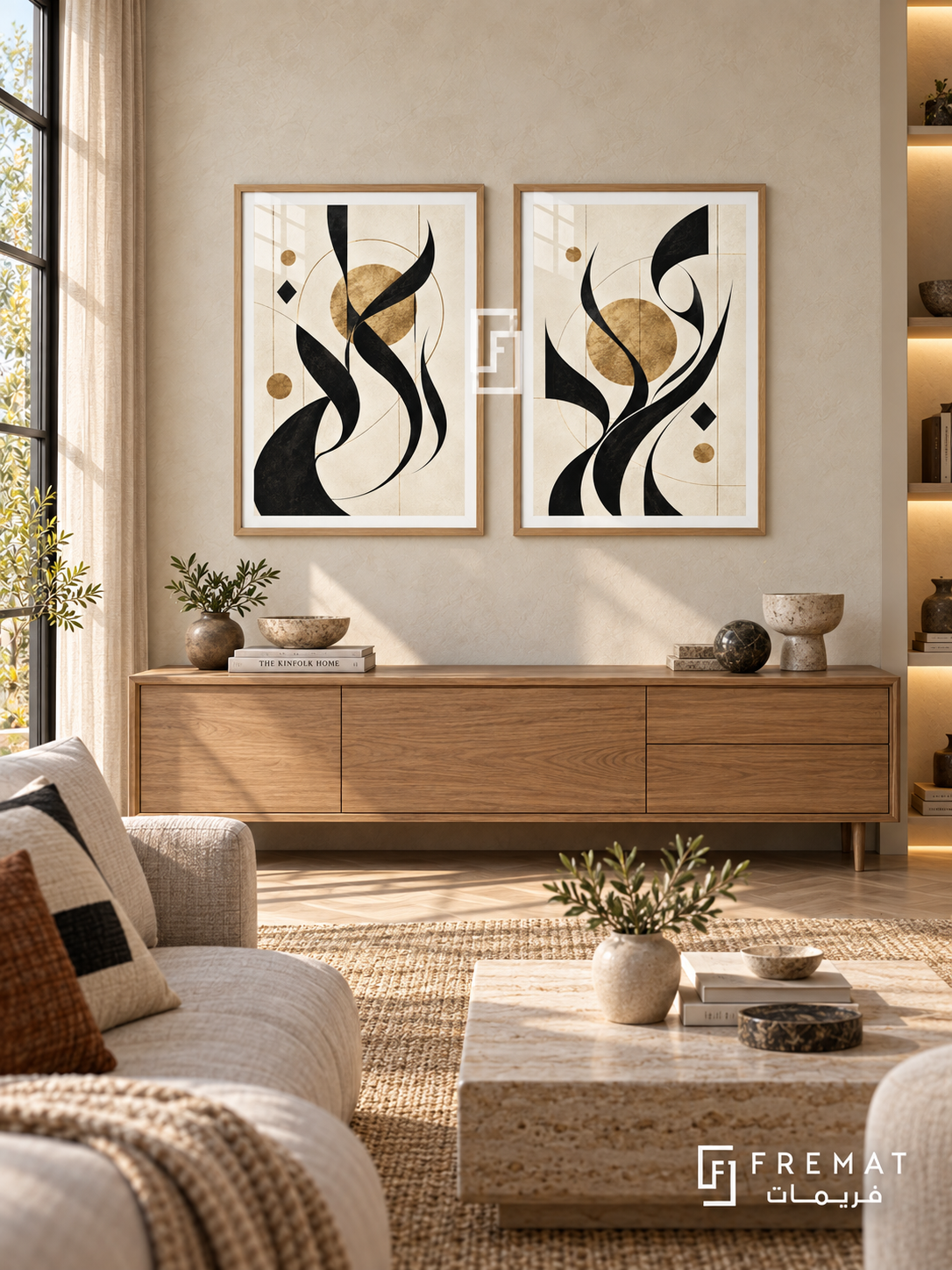 Black Gold Rhythm — set of two Arabic-inspired abstract artworks in Wooden Texture frames.
