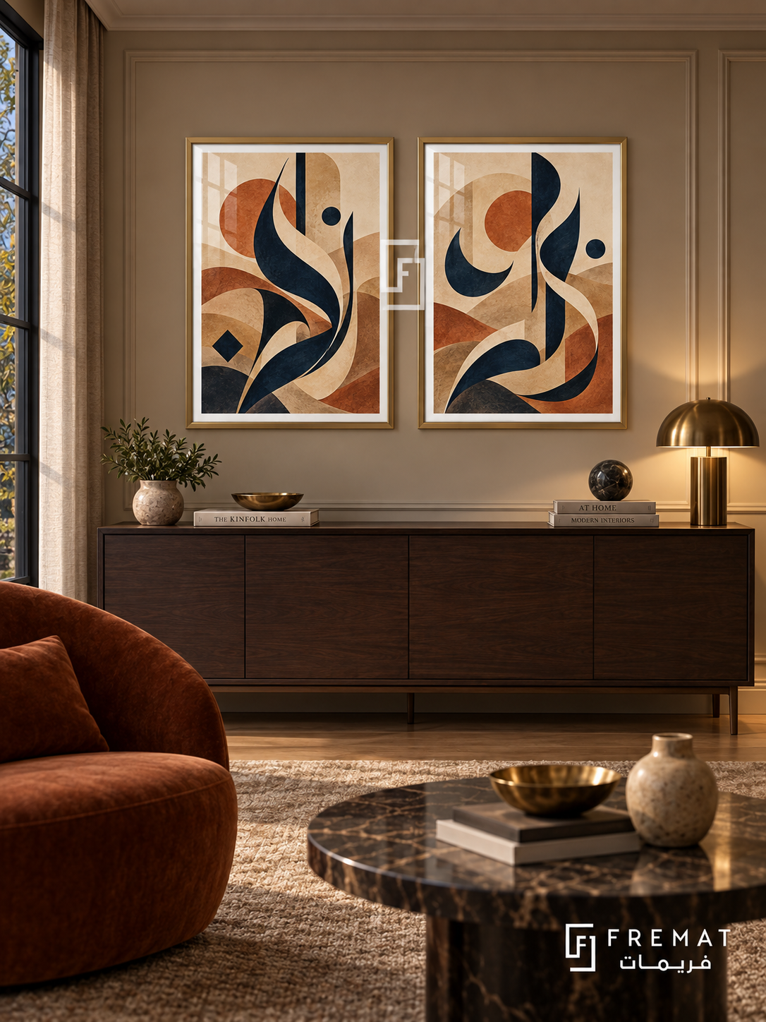 Desert Gesture — set of two Arabic-inspired abstract artworks in Gold frames.