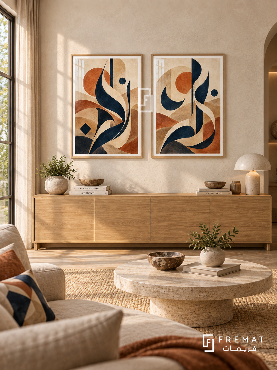 Desert Gesture — set of two Arabic-inspired abstract artworks in Wooden Texture frames.