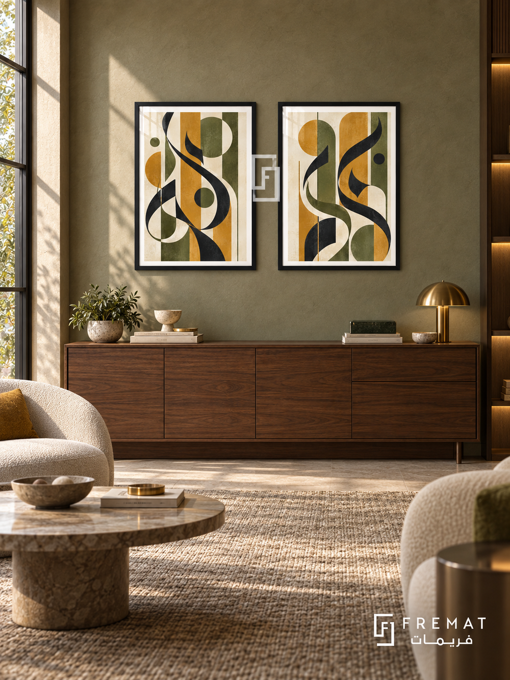 Olive Mosaic — set of two Arabic-inspired abstract artworks in Black frames.