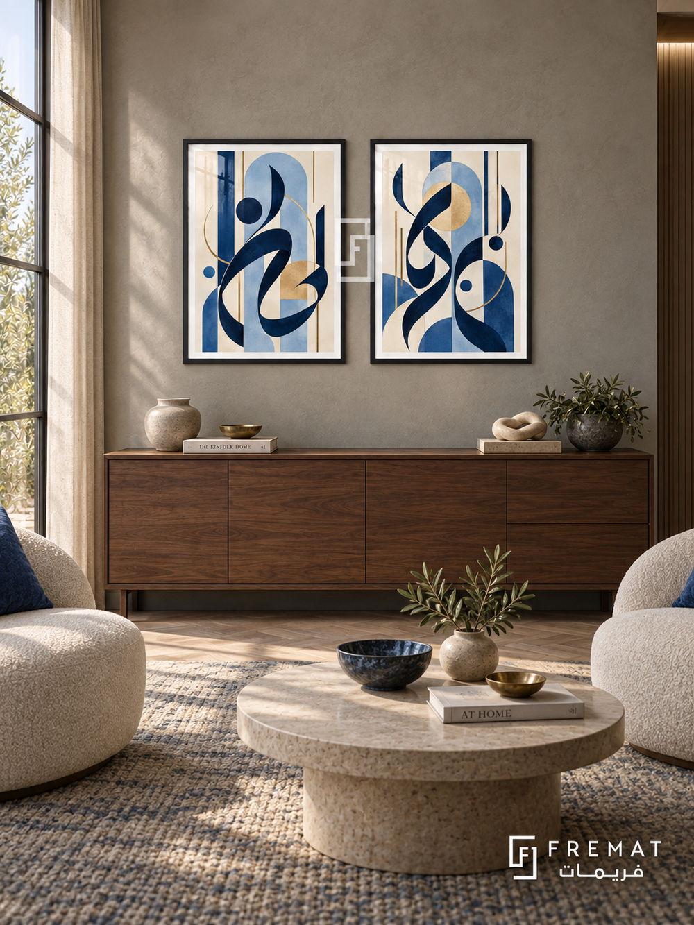 Indigo Movement — set of two Arabic-inspired abstract artworks in Black frames.