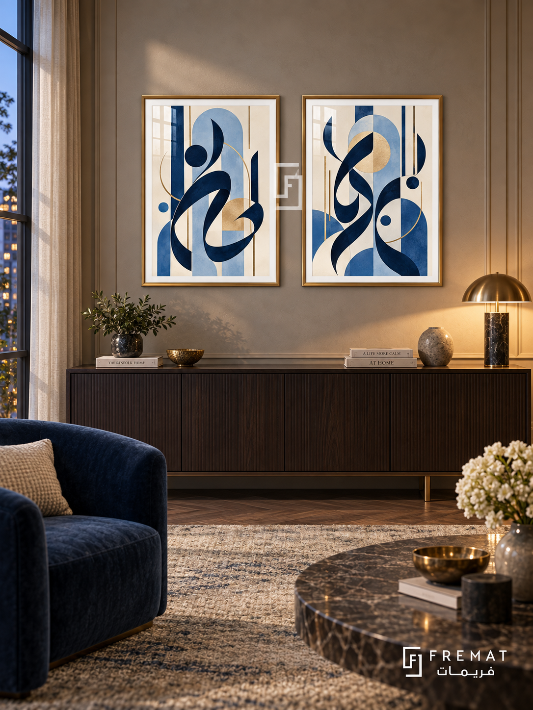 Indigo Movement — set of two Arabic-inspired abstract artworks in Gold frames.