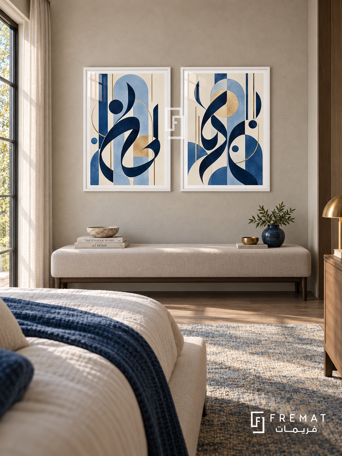 Indigo Movement — set of two Arabic-inspired abstract artworks in White frames.