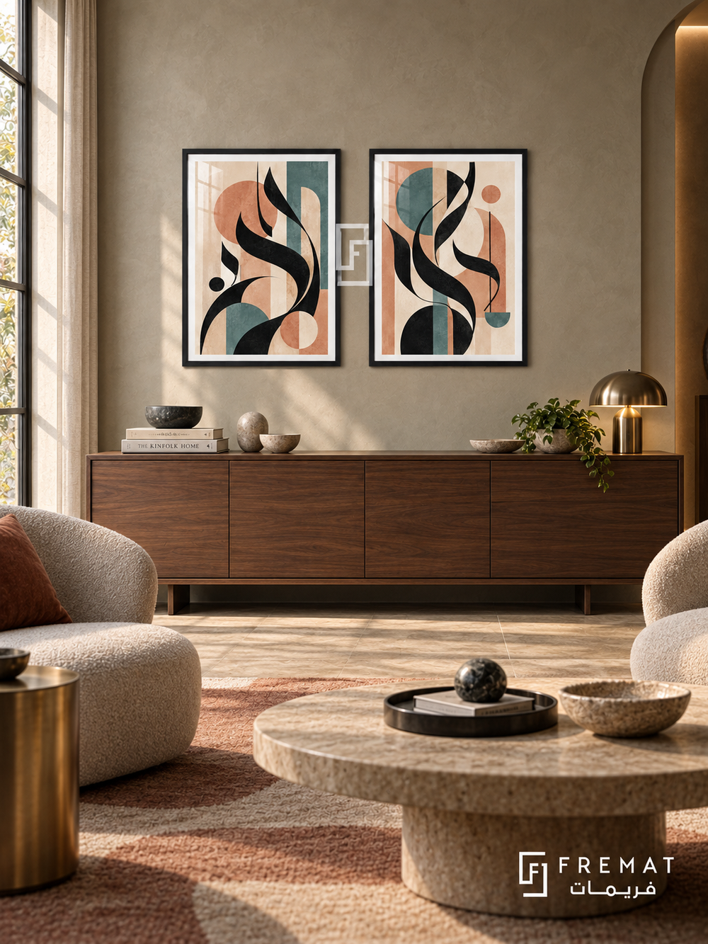 Clay and Ink — set of two Arabic-inspired abstract artworks in Black frames.