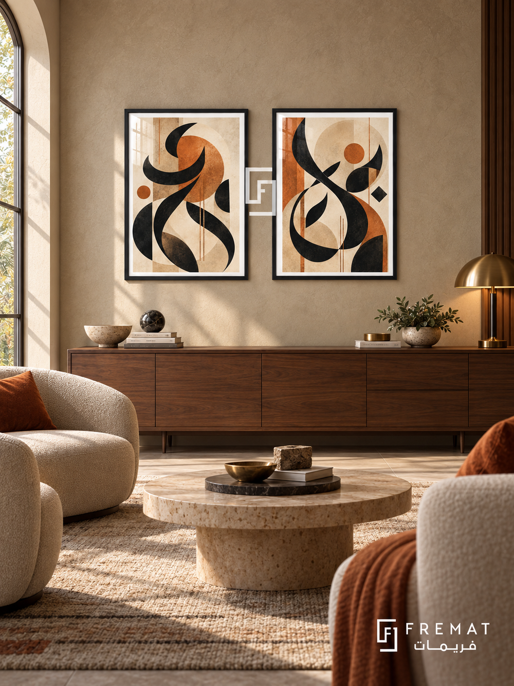 Copper Balance — set of two Arabic-inspired abstract artworks in Black frames.