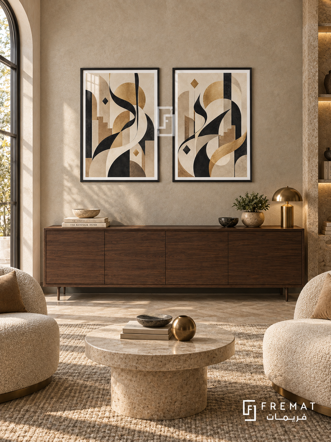 Sandstone Flow — set of two Arabic-inspired abstract artworks in Black frames.