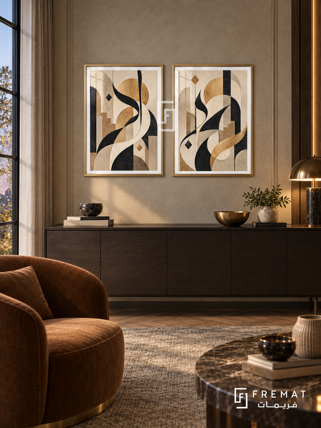 Sandstone Flow — set of two Arabic-inspired abstract artworks in Gold frames.