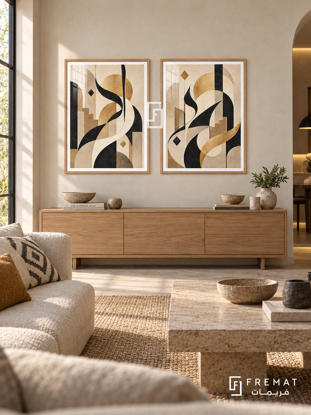 Sandstone Flow — set of two Arabic-inspired abstract artworks in Wooden Texture frames.