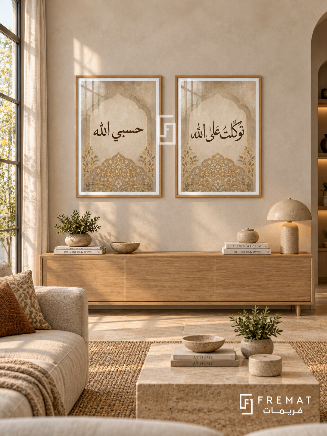 Trust — set of two Islamic calligraphy artworks in Wooden Texture frames.