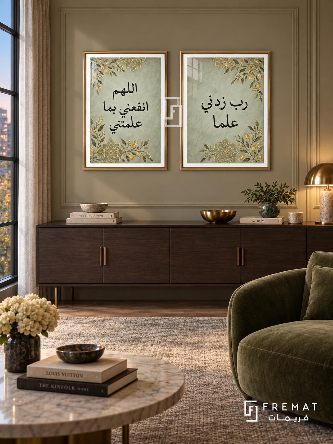 Knowledge — set of two Islamic calligraphy artworks in Gold frames.